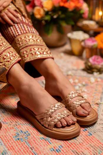 Buy_Coral Haze_Rose Gold Holly Double Braided Strap Sliders _at_Aza_Fashions