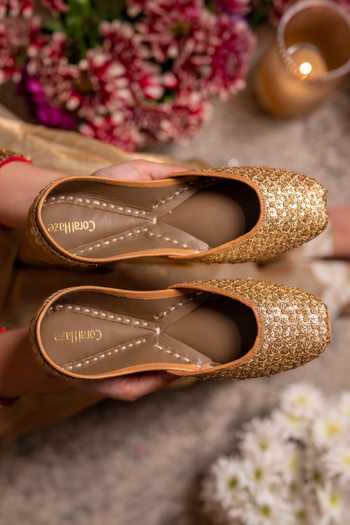 Coral Haze_Gold Nafisa Sequin And Zari Work Juttis _Online_at_Aza_Fashions