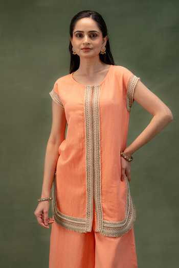 Grass & Sunshine_Coral Linen Round Neck, Yes Sunset Ease Kurta And Palazzo Set _Online_at_Aza_Fashions