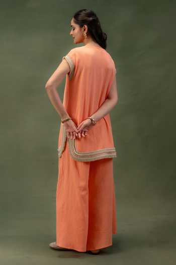 Buy_Grass & Sunshine_Coral Linen Round Neck, Yes Sunset Ease Kurta And Palazzo Set _Online_at_Aza_Fashions