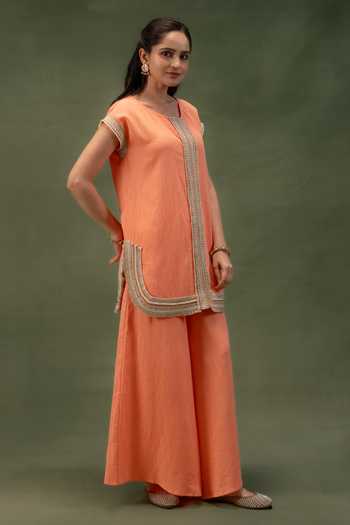Shop_Grass & Sunshine_Coral Linen Round Neck, Yes Sunset Ease Kurta And Palazzo Set _Online_at_Aza_Fashions