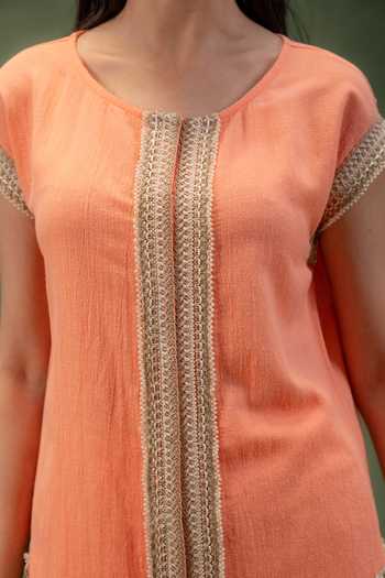 Grass & Sunshine_Coral Linen Round Neck, Yes Sunset Ease Kurta And Palazzo Set _at_Aza_Fashions
