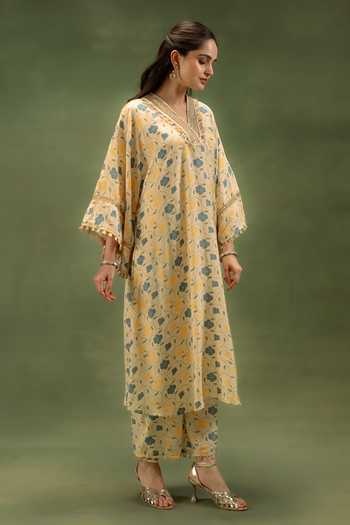 Buy_Grass & Sunshine_Yellow Modal V-neck, Yes Desert Bloom Printed Kurta And Pant Set _Online_at_Aza_Fashions