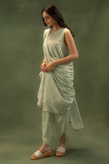 Grass & Sunshine_Aqua Modal Lace One Shoulder, Yes Muse Kurta Set With Draped Cape _at_Aza_Fashions