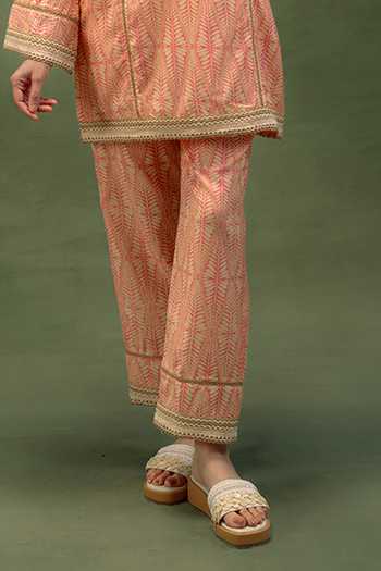 Grass & Sunshine_Pink Cotton, Chanderi Mandarin Collar, Yes Blush Lattice Charm Kurta And Pant Set _at_Aza_Fashions