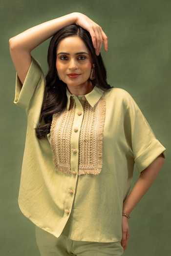 Buy_Grass & Sunshine_Green Linen Collared Neck Sage Meadow Shirt And Pant Co-ord Set 
