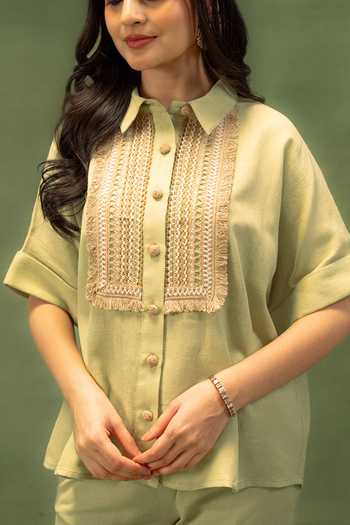 Shop_Grass & Sunshine_Green Linen Collared Neck Sage Meadow Shirt And Pant Co-ord Set 