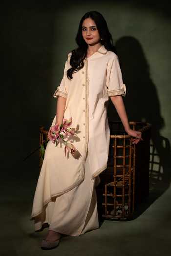 Grass & Sunshine_Beige Cotton Collared Neck, Yes Moonstone Draped Kurta And Palazzo Set _Online_at_Aza_Fashions