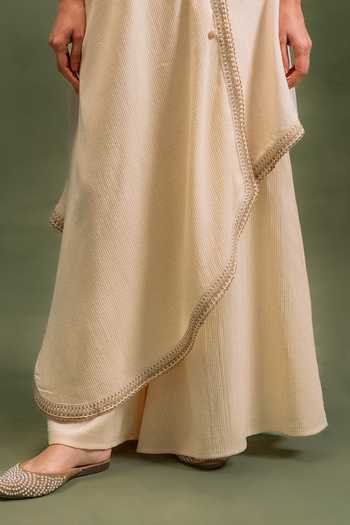 Buy_Grass & Sunshine_Beige Cotton Collared Neck, Yes Moonstone Draped Kurta And Palazzo Set _Online_at_Aza_Fashions