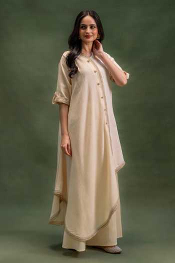 Shop_Grass & Sunshine_Beige Cotton Collared Neck, Yes Moonstone Draped Kurta And Palazzo Set _Online_at_Aza_Fashions