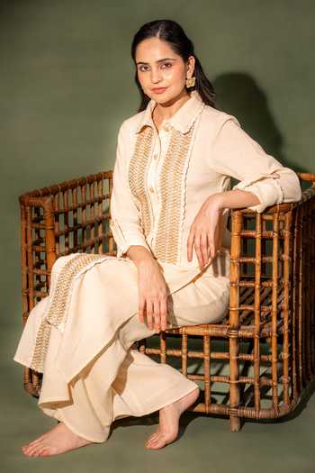 Shop_Grass & Sunshine_Beige Cotton Collared Neck, Yes Sand Dune Jute Lace Kurta And Palazzo Set _Online_at_Aza_Fashions