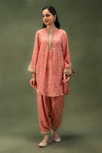 Buy_Grass & Sunshine_Pink Modal Lace Round Neck Rosewood Bloom Printed Kurta And Dhoti Pant Set _Online_at_Aza_Fashions