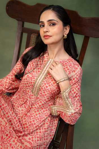 Shop_Grass & Sunshine_Pink Modal Lace Round Neck Rosewood Bloom Printed Kurta And Dhoti Pant Set _Online_at_Aza_Fashions