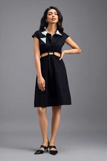 Buy_Deepika Arora_Black Roma Collared Neck Waist Cut Out Short Dress _at_Aza_Fashions