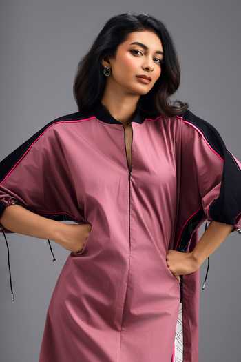 Deepika Arora_Pink Cotton Split V-neck Oversized Boxy Dress _Online_at_Aza_Fashions