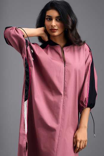 Buy_Deepika Arora_Pink Cotton Split V-neck Oversized Boxy Dress _Online_at_Aza_Fashions
