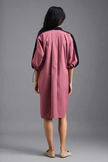 Shop_Deepika Arora_Pink Cotton Split V-neck Oversized Boxy Dress _at_Aza_Fashions