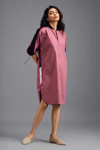 Shop_Deepika Arora_Pink Cotton Split V-neck Oversized Boxy Dress _Online_at_Aza_Fashions