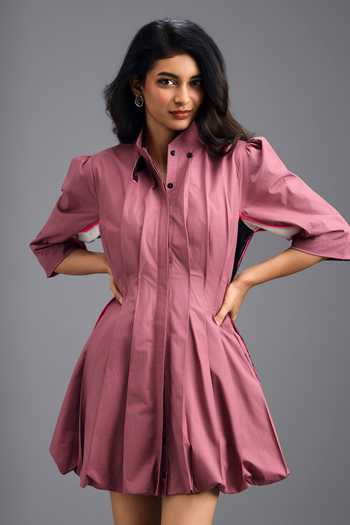 Shop_Deepika Arora_Pink Cotton Mandarin Collar Pleated Short Dress _Online_at_Aza_Fashions