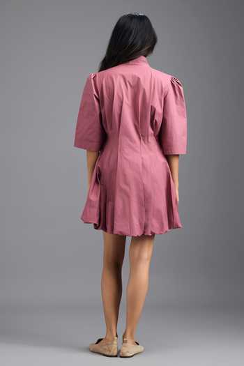 Shop_Deepika Arora_Pink Cotton Mandarin Collar Pleated Short Dress _at_Aza_Fashions