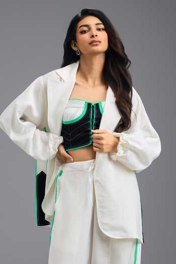 Deepika Arora_White Linen Bandeau Neck Jacket And Pant Set _Online