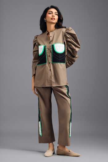 Deepika Arora_Brown Cotton Mandarin Collar Shirt And Pant Set _Online_at_Aza_Fashions