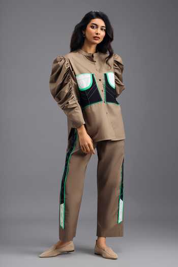 Buy_Deepika Arora_Brown Cotton Mandarin Collar Shirt And Pant Set _Online_at_Aza_Fashions