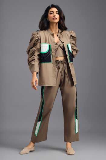 Shop_Deepika Arora_Brown Cotton Mandarin Collar Shirt And Pant Set _Online_at_Aza_Fashions
