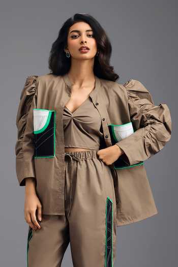 Shop_Deepika Arora_Brown Cotton Mandarin Collar Shirt And Pant Set _at_Aza_Fashions