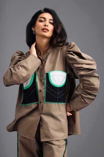 Buy_Deepika Arora_Brown Cotton Mandarin Collar Shirt And Pant Set 