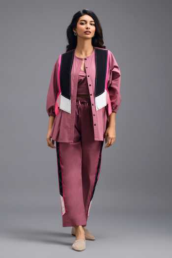 Deepika Arora_Pink Cotton Open Neck, Shirt And Pant Set _Online_at_Aza_Fashions