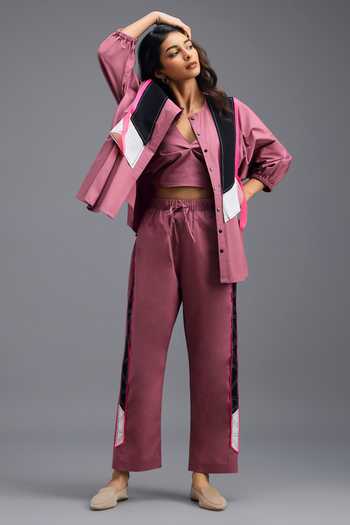 Shop_Deepika Arora_Pink Cotton Open Neck, Shirt And Pant Set _at_Aza_Fashions