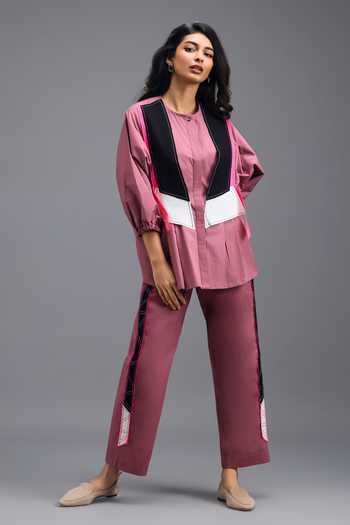 Buy_Deepika Arora_Pink Cotton Open Neck, Shirt And Pant Set _Online_at_Aza_Fashions