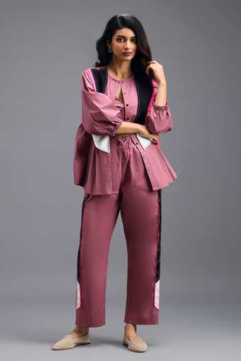 Shop_Deepika Arora_Pink Cotton Open Neck, Shirt And Pant Set _Online_at_Aza_Fashions