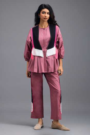 Buy_Deepika Arora_Pink Cotton V-neck Shirt And Bralette Set _Online
