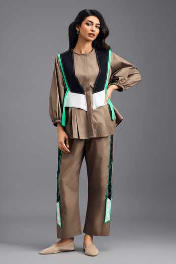 Buy_Deepika Arora_Brown Cotton Round Neck, Shirt And Pant Set _at_Aza_Fashions