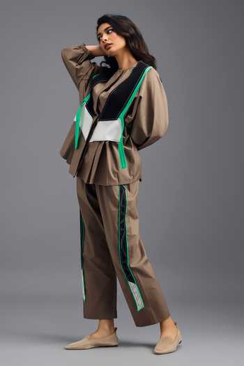 Shop_Deepika Arora_Brown Cotton Round Neck, Shirt And Pant Set _Online_at_Aza_Fashions