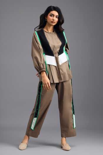 Deepika Arora_Brown Cotton Round Neck, Shirt And Pant Set _at_Aza_Fashions