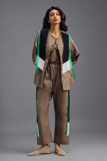 Shop_Deepika Arora_Brown Cotton Round Neck, Shirt And Pant Set 