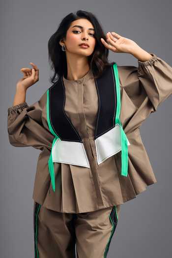 Shop_Deepika Arora_Brown Cotton Round Neck, Shirt And Pant Set _Online