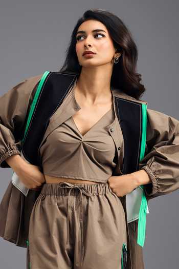 Deepika Arora_Brown Cotton Round Neck, Shirt And Pant Set 