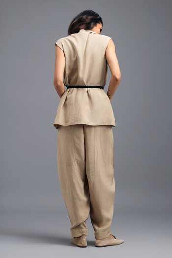Shop_Deepika Arora_Beige Linen V-neck Jacket Pant Set _at_Aza_Fashions