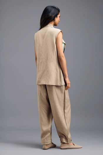 Deepika Arora_Beige Linen V-neck Jacket Pant Set _Online_at_Aza_Fashions