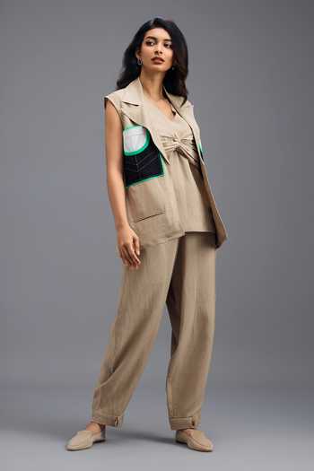 Buy_Deepika Arora_Beige Linen V-neck Jacket Pant Set _Online_at_Aza_Fashions