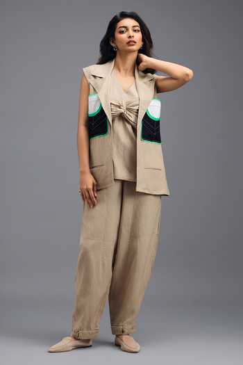 Shop_Deepika Arora_Beige Linen V-neck Jacket Pant Set _Online_at_Aza_Fashions
