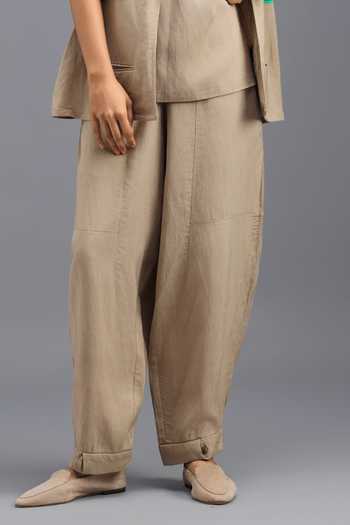 Deepika Arora_Beige Linen V-neck Jacket Pant Set _at_Aza_Fashions