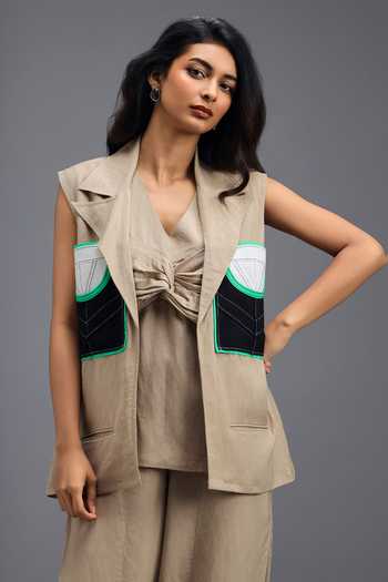 Deepika Arora_Beige Linen V-neck Jacket Pant Set _Online