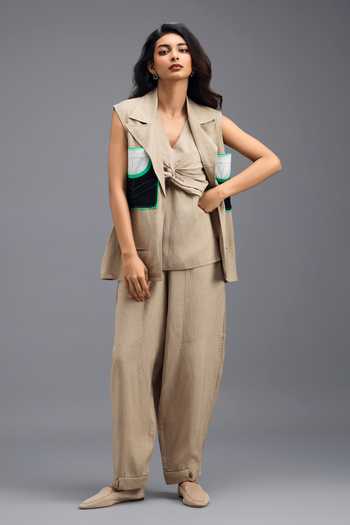 Buy_Deepika Arora_Beige Linen V-neck Jacket Pant Set _at_Aza_Fashions