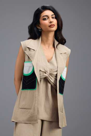 Buy_Deepika Arora_Beige Linen V-neck Jacket Pant Set _Online