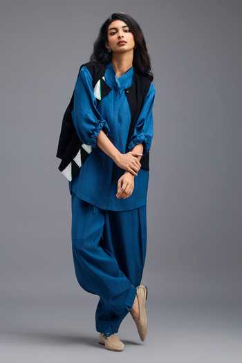 Shop_Deepika Arora_Blue Linen Mandarin Collar Neon Pipe Work Jacket And Pant Set _Online_at_Aza_Fashions